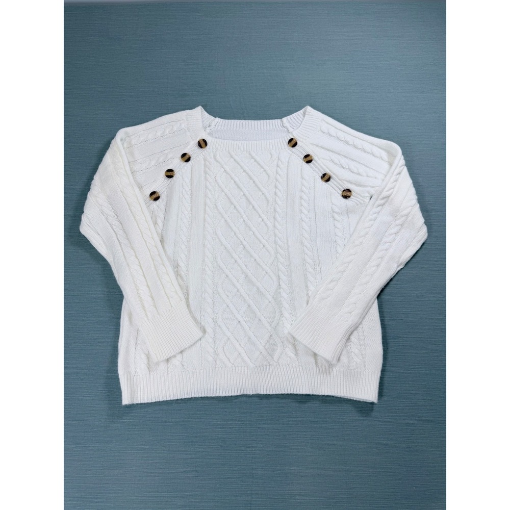 Unbranded Cable Knit Sweater Women Large White Button Shoulder Pullover